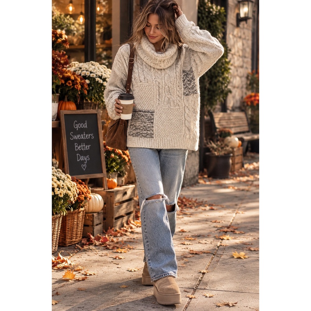 Abercrombie & Fitch Patchwork Cowl Neck Cable Knit Sweater Cream Gray Small